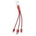 Czerwony kabel do ładowania USB z trzema końcówkami USB.