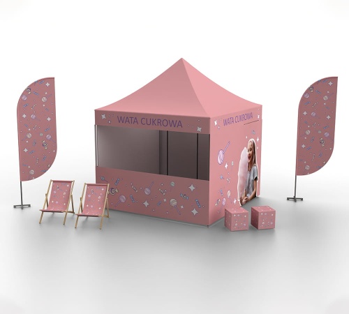 Zestaw Stoisko gastronomiczne Namiot stelażowy flagi leżaki kostki
