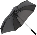 Czarno-szary rozłożony parasol reklamowy z autoamtycznym mechanizmem rozkładania.