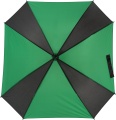 Rozłożony parasol z czarnymi i zielonymi panelami na przemian, do znakowania np. logo.