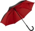 Parasol reklamowy z czarnym poszyciem od zewnątrz i czerwonym od wewnątrz.